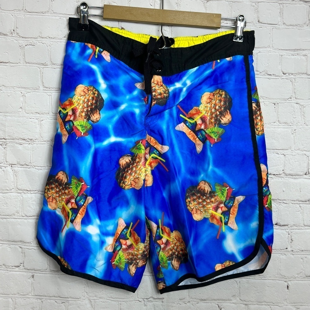 Biworld Swim Trunks Mens Blue‎ Cat Pineapple Bathing Suit Board Shorts, sz S